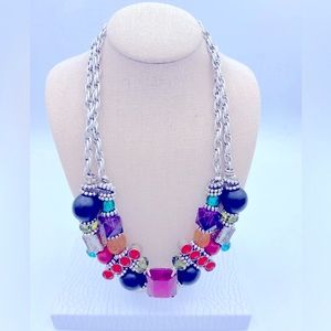 Unique Vintage Boutique Silver Tone Multi Colored Rhinestone Necklace
